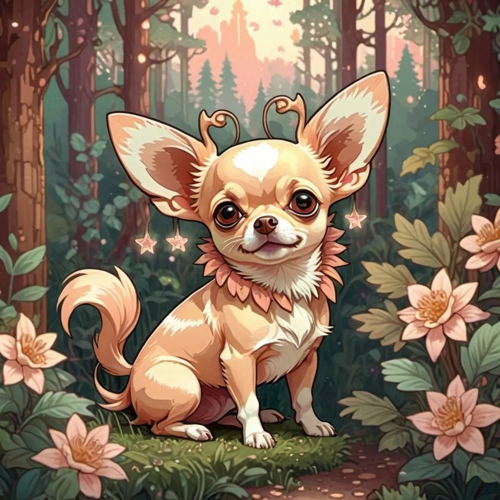 Prompt: pixel art of an fierce chihuahua at on a forest scene, fairycore, cottagecore, nostalgic, tumblrcore, detailed foliage, warm and cozy lighting, pastel tones, high quality, pixel art, fairycore atmosphere, nostalgic vibes, cozy cottagecore setting, cute chihuahua design, detailed fantasy pet and fairy friend kawaii fairy