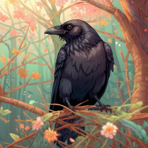 Prompt: pixel art of an crow at on a forest scene, fairycore, cottagecore, nostalgic, tumblrcore, detailed foliage, warm and cozy lighting, pastel tones, high quality, pixel art, fairycore atmosphere, nostalgic vibes, cozy cottagecore setting, cute crow design, detailed fantasy pet and fairy friend kawaii fairy