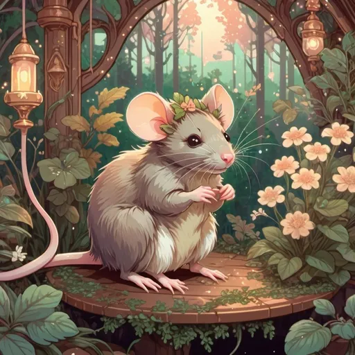 Prompt: pixel art of an rat at on a forest scene, fairycore, cottagecore, nostalgic, tumblrcore, detailed foliage, warm and cozy lighting, pastel tones, high quality, pixel art, fairycore atmosphere, nostalgic vibes, cozy cottagecore setting, cute rat design, detailed fantasy pet and fairy friend kawaii fairy