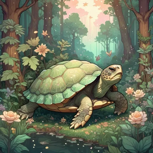 Prompt: pixel art of an old turtle at on a forest scene, fairycore, cottagecore, nostalgic, tumblrcore, detailed foliage, warm and cozy lighting, pastel tones, high quality, pixel art, fairycore atmosphere, nostalgic vibes, cozy cottagecore setting, cute turtle design, detailed fantasy pet and fairy friend kawaii fairy
