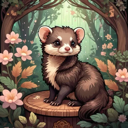 Prompt: pixel art of an dark ferret at on a forest scene, fairycore, cottagecore, nostalgic, tumblrcore, detailed foliage, warm and cozy lighting, pastel tones, high quality, pixel art, fairycore atmosphere, nostalgic vibes, cozy cottagecore setting, cute ferret design, detailed fantasy pet and fairy friend kawaii fairy