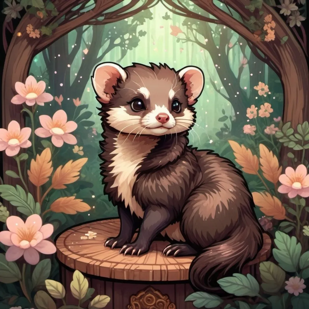 Prompt: pixel art of an dark ferret at on a forest scene, fairycore, cottagecore, nostalgic, tumblrcore, detailed foliage, warm and cozy lighting, pastel tones, high quality, pixel art, fairycore atmosphere, nostalgic vibes, cozy cottagecore setting, cute ferret design, detailed fantasy pet and fairy friend kawaii fairy