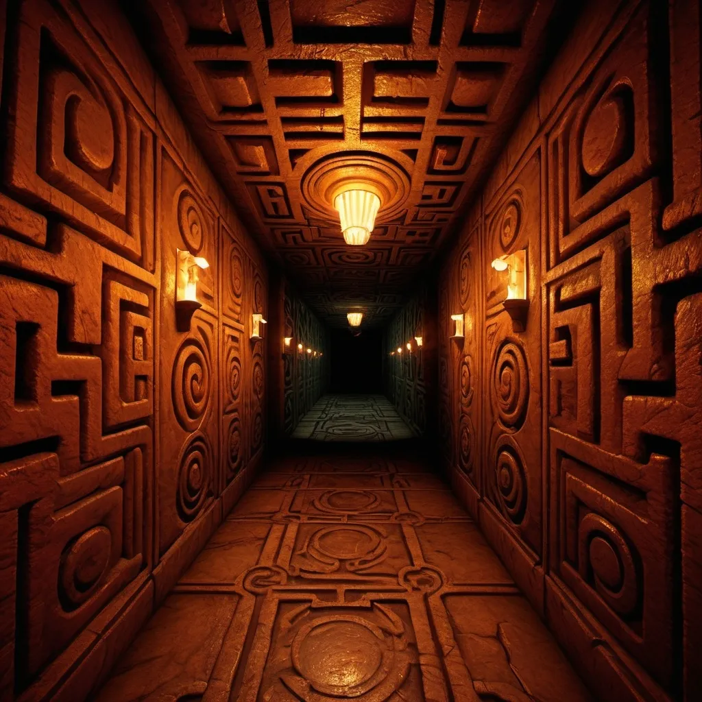 Prompt: First-person view of a Doom 2-style maze, impressionist graphics, finding the Greek helmet of Achilles at the end of the corridor, detailed maze walls, atmospheric lighting, impressionist, maze, Doom 2-style, Greek helmet of Achilles, first-person view, detailed, epic, atmospheric lighting, high contrast, highres