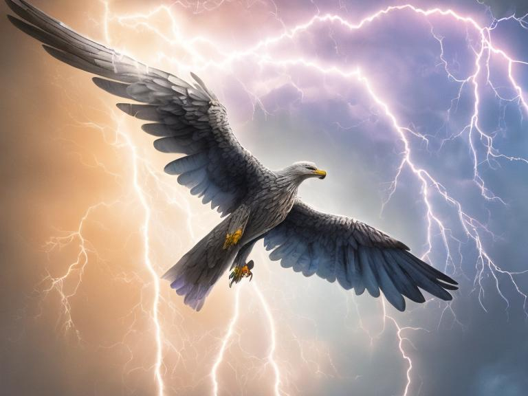 Prompt: Make a super realistic lightning eagle using many colors of rainbow and lightning in the background 

