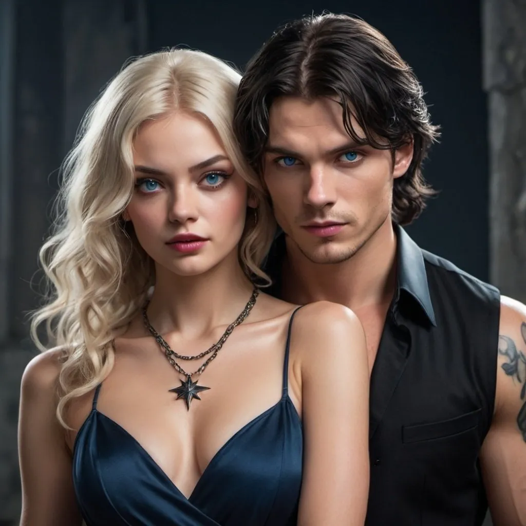 Prompt: The two characters image features a blonde female and a brunette male.Mila and Ronan from the book the darkest temptation(  full body expanded zoomed out aspect viewpoint)Mika has blonde long curly hair,clear skin,nautical star necklace in red lavish spaghetti strap glamorous sparkling dress and black high heels
Standing beside the tattooed male Russian clad in black suit ,head full of dark hair and dark blue eyes character, Ronan