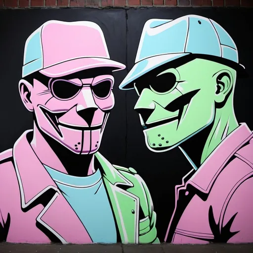 Prompt: Pastel purple white and pastel green pastel pink pastel blue pastel graffiti art  on a black wall backround freddy crugar and jason muscular gangsters pastel colored 