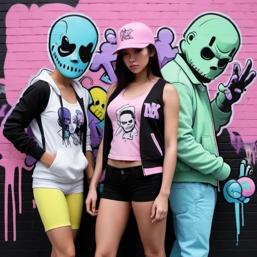 Prompt: Pastel purple white and pastel green pastel pink pastel blue pastel yellow graffiti female graffiti charachters on a black wall backround freddy crugar and jason muscular gangsters pastel colored 