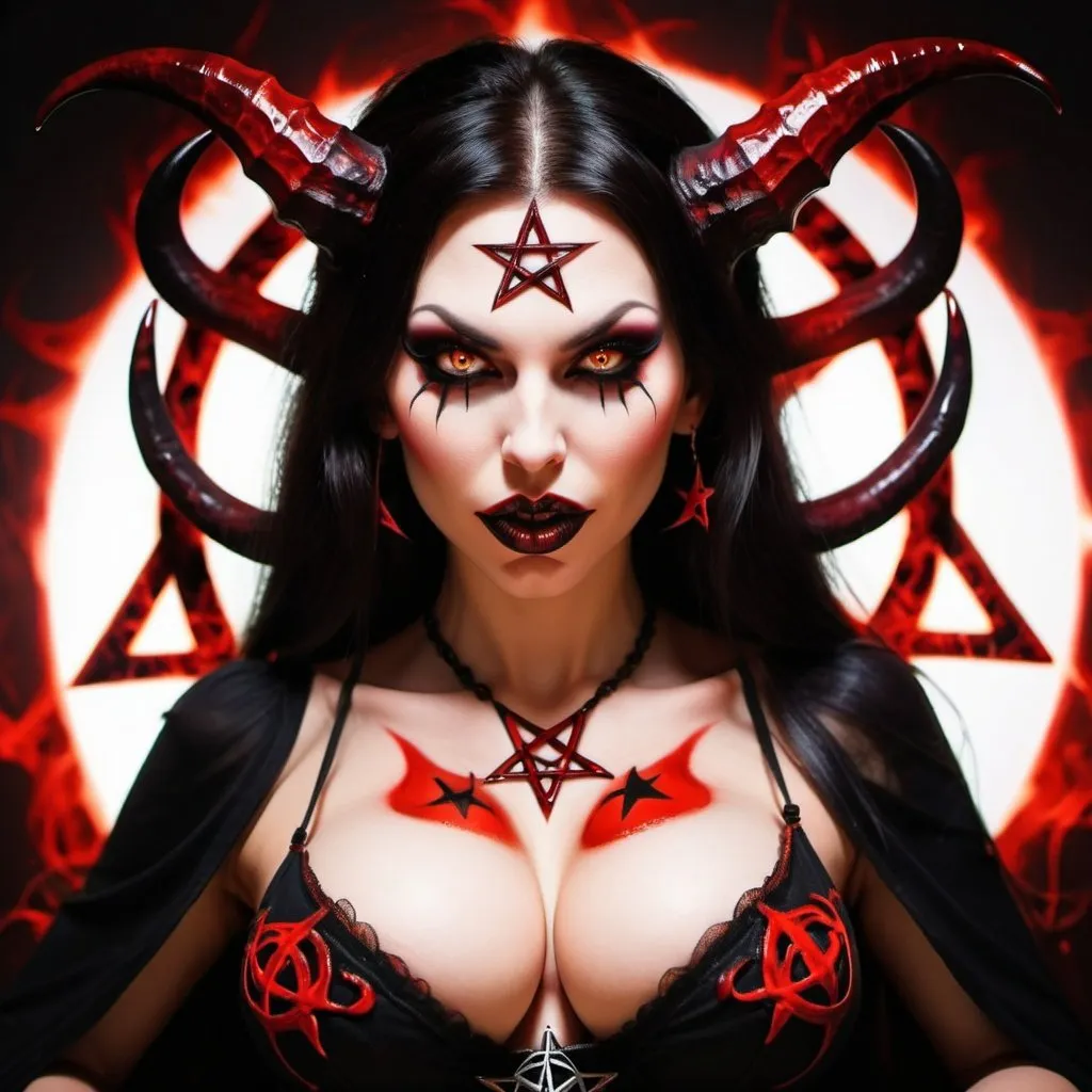 Prompt: Enchanted mystical demoness revealing extra large cleavage and full lips demonic being pentagram