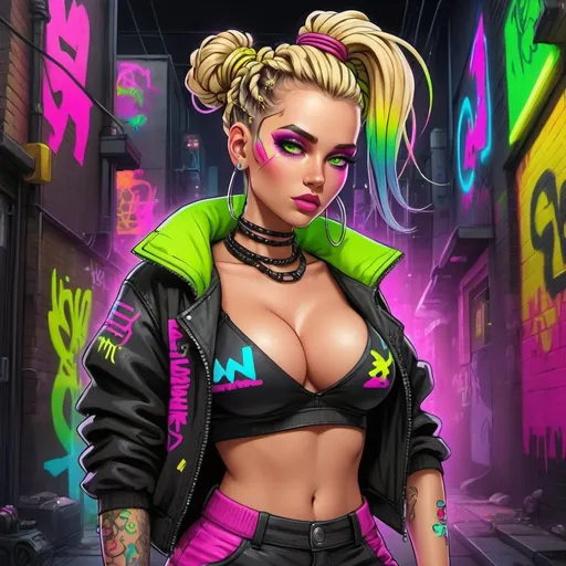 Prompt: Cartoon Graffiti cyberpunk characture full body with green eyes blonde microbraided rainbow updo revelealing extra large cleavage wearing a matching 2 piece outfit with rainbow grafitti neon pink neon yellow black neon rainbow