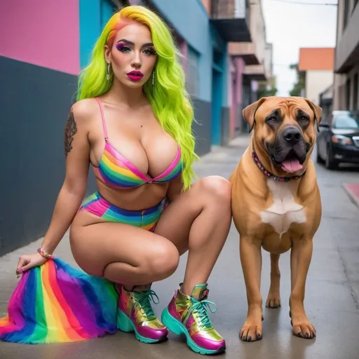 Prompt: Blonde neon rainbow hair revealing extra large cleavage full lips shiney loud makeup matching shoes and walking her presa canario dog