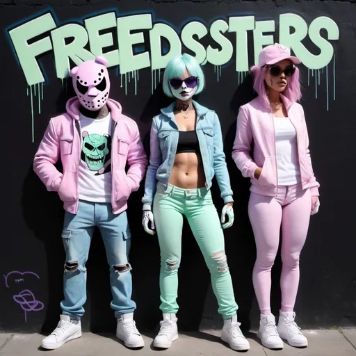 Prompt: Pastel purple white and pastel green pastel pink pastel blue pastel yellow graffiti female art charachters on a black wall backround freddy crugar and jason muscular gangsters pastel colored 