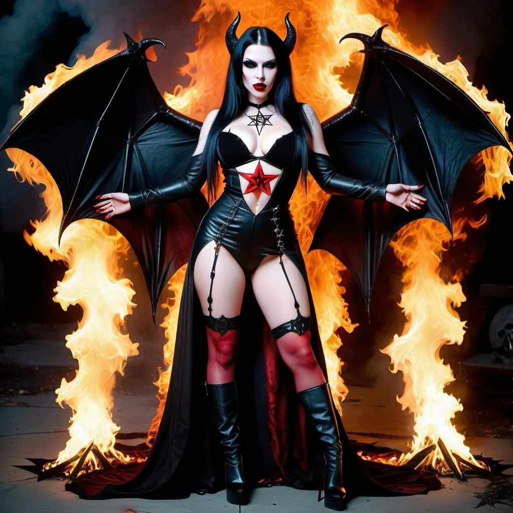 Prompt: Enchanted mystical empowered gothic vampiress demoness revealing extra large cleavage and full lips demonic being pentagram wings and high heels leather outfit revealing exotic and evil detailed fire hellish spirited darkness