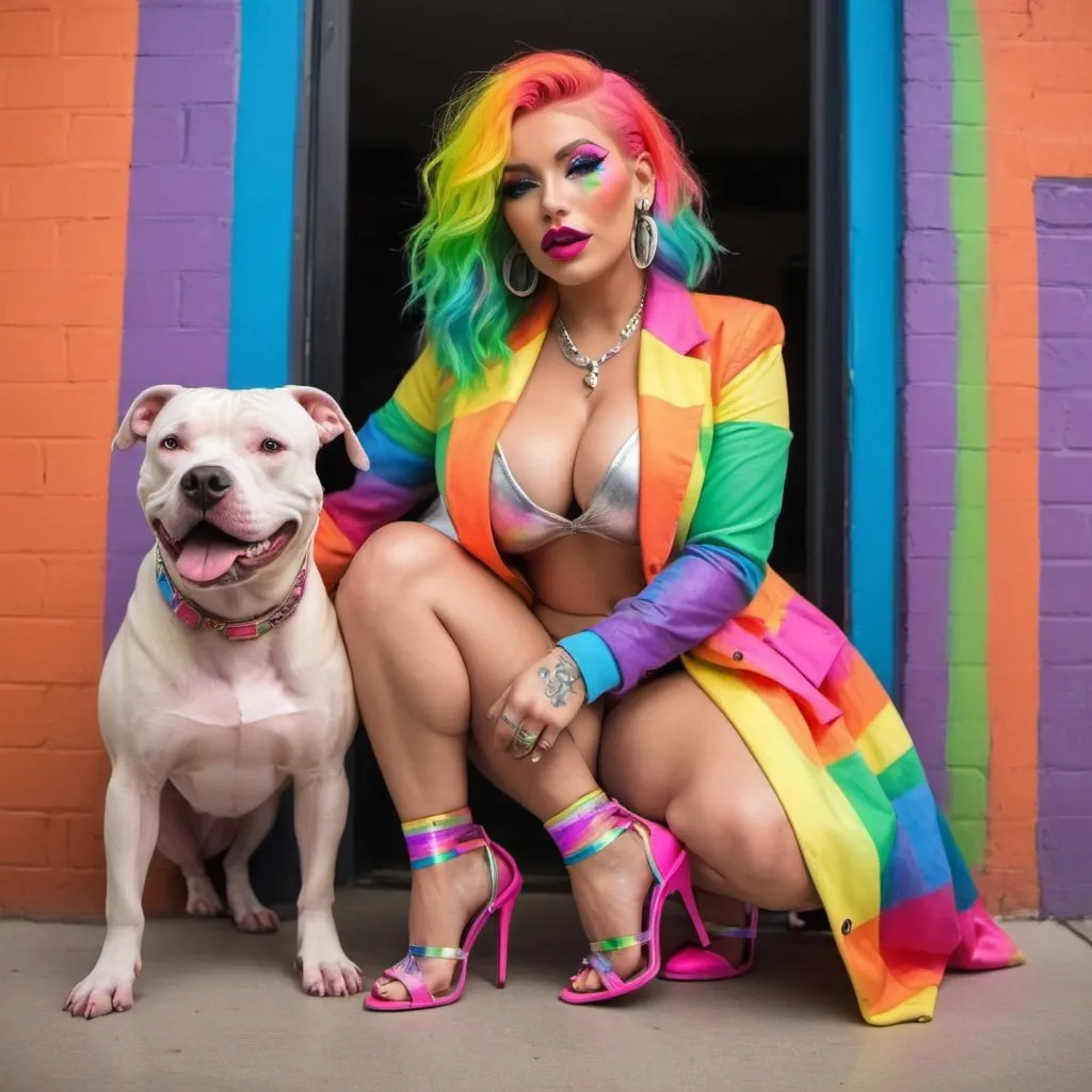 Prompt: Blonde neon rainbow hair revealing extra large cleavage full lips shiney loud makeup matching shoes and walking with her pitbull