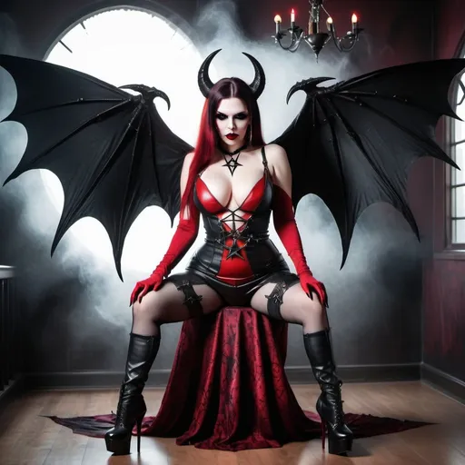 Prompt: Enchanted mystical empowered gothic vampiress demoness revealing extra large cleavage and full lips demonic being pentagram wings and high heels leather outfit revealing exotic and evil