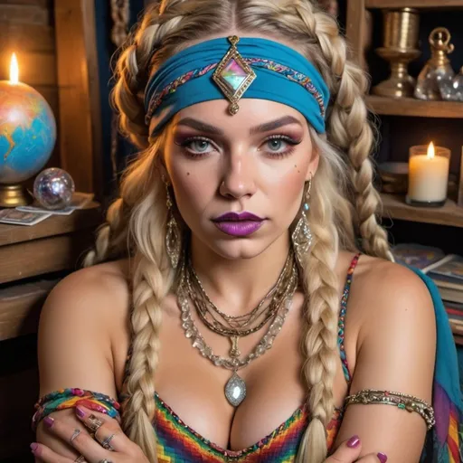 Prompt: Blonde rainbow microbraided hair full lips revealing extra large cleavage gypsy with bandana on her head and wearing alot of jewlery doing tarot cards and crystal ball 