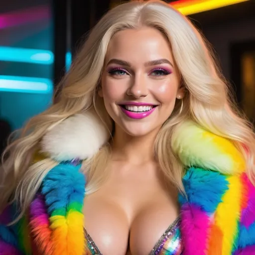 Prompt: Blonde neon rainbow long hair revealing extra large cleavage full lips shiney loud makeup fur coat and smiling