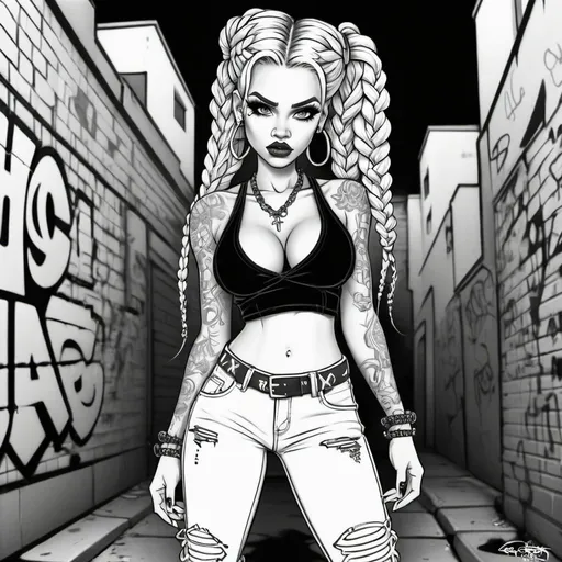 Prompt: Coloring page A thug ghetto blonde cartoon characture microbraided hair female with revealing extra large cleavage  graffiti outfit and shoes gothic punkgraffitti backround 
