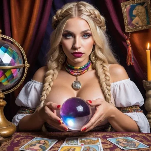 Prompt: Blonde rainbow microbraided hair full lips revealing extra large cleavage gypsy doing tarot cards and crystal ball 