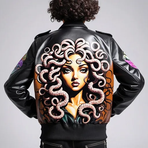 Prompt: graffit art printed backround- sedusa adornment medusa graffiti cartoon leather bomber jacket