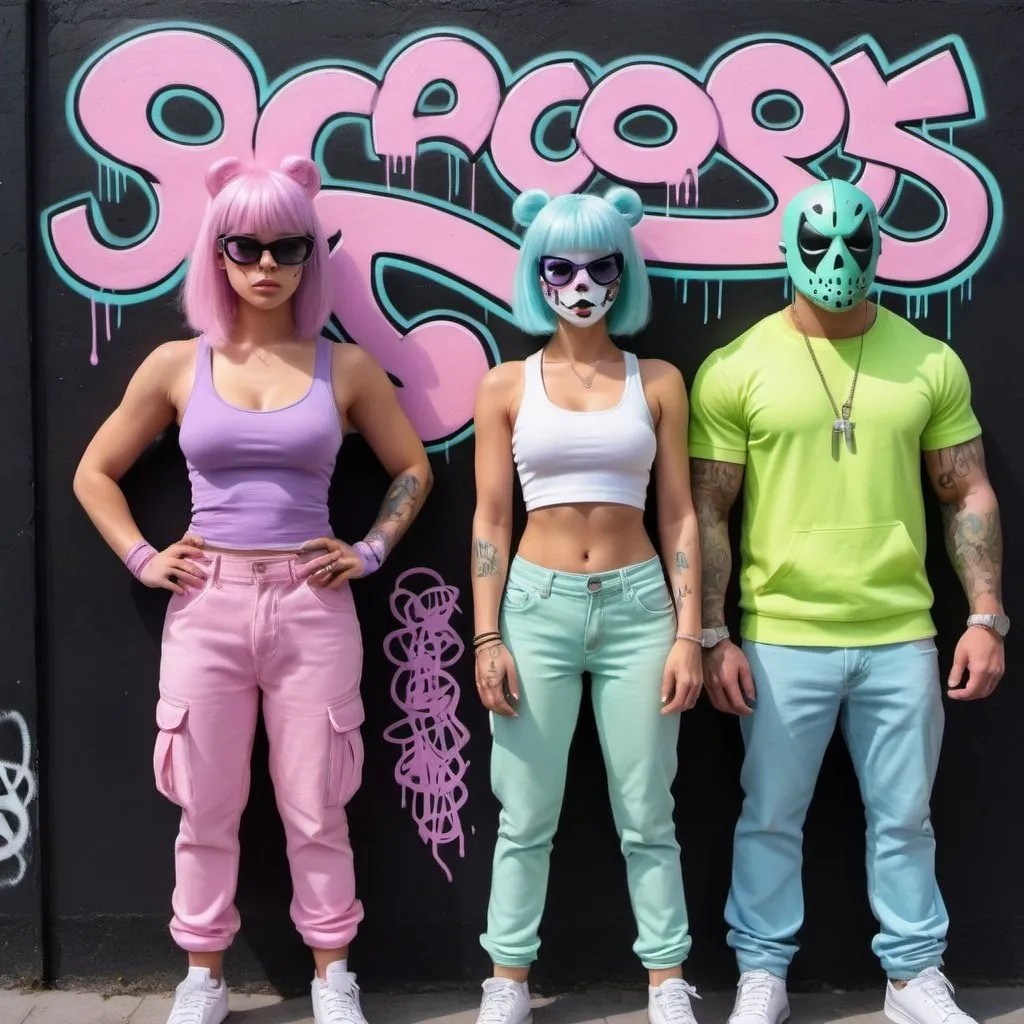 Prompt: Pastel purple white and pastel green pastel pink pastel blue pastel yellow graffiti female art charachters on a black wall backround freddy crugar and jason muscular gangsters pastel colored 