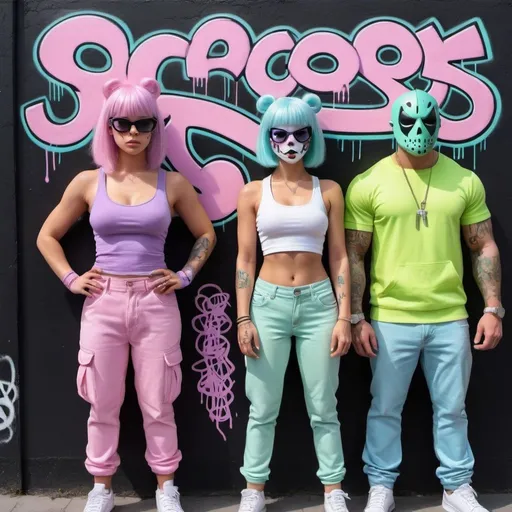 Prompt: Pastel purple white and pastel green pastel pink pastel blue pastel yellow graffiti female art charachters on a black wall backround freddy crugar and jason muscular gangsters pastel colored 