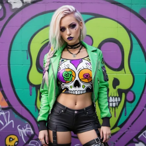 Prompt:  blonde microbraided long multicolored pastel hair revealing abnormally full large cleavage thigh high boots cyber punk 2 piece purple and green graffit art printed leather outfit backround- sedusa adornment candy skull medusa graffiti cartoon leather graffiti bomber jacket