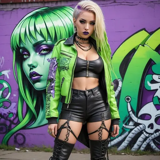 Prompt:  blonde microbraided long multicolored pastel hair revealing abnormally full large cleavage thigh high boots cyber punk 2 piece purple and green graffit art printed leather outfit backround- sedusa adornment medusa graffiti cartoon leather graffiti bomber jacket