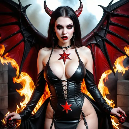 Prompt: Enchanted mystical empowered gothic vampiress demoness revealing extra large cleavage red full lips demonic being pentagram wings and high heels leather outfit revealing exotic and evil detailed fire hellish spirited darkness doing rituals fantasy human