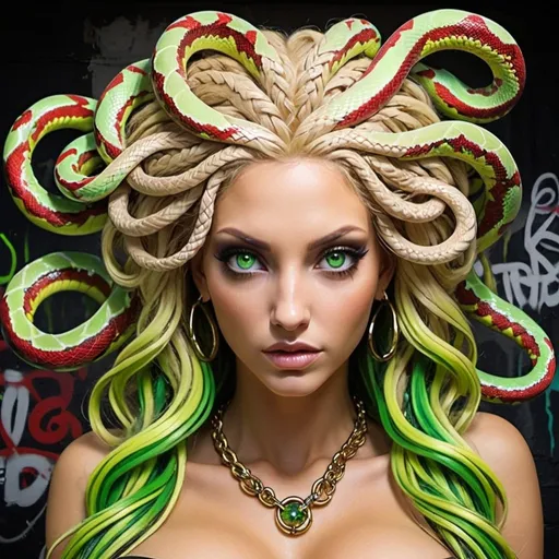 Prompt: Graffiti medusa microbraided blonde long multicolored snake hair charachter green eyes revealing extra large cleavage- sedusa adornment
