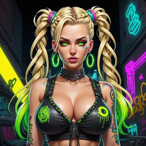 Prompt: Cartoon Graffiti cyberpunk characture with green eyes blonde revelealing extra large cleavage wearing a matching 2 piece outfit with rainbow neon microbraided hair grafitti neon yellow black neon rainbow