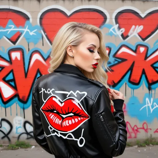 Prompt: Graffiti kiss marks Blonde female microbraided lomg hair revealing extral large cleavage wesring a black leather 2 piece exotic bedroom outfit with red kiss mark art graffiti on bomber jacket graffiti art backround 