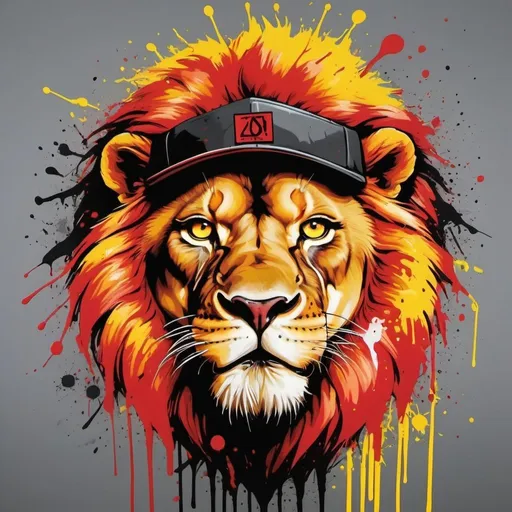 Prompt: A gangster lion graffiti charachter with yellow eyes  and splatter paint red 
