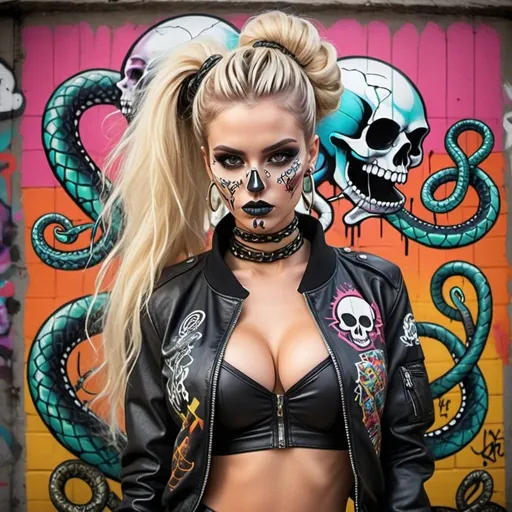 Prompt: microbraided updo blonde revealing abnormally full large cleavage thigh high boots cyber punk 2 piece leather graffit art printed spray bomb backround- sedusa adornment candy skull medusa snake hair graffiti cartoon leather graffiti bomber jacket