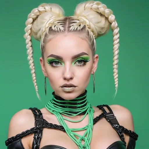 Prompt: microbraided updo blonde revealing abnormally full large cleavage exprwssive pastel make up thigh high boots cyber punk on a solid green backround  - sedusa adornment 