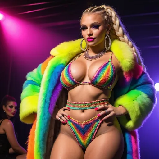 Prompt: Blonde neon rainbow microbraided hair revealing extra large cleavage full lips shiney loud makeup matching shoes fur coat onstage exotic dancer 