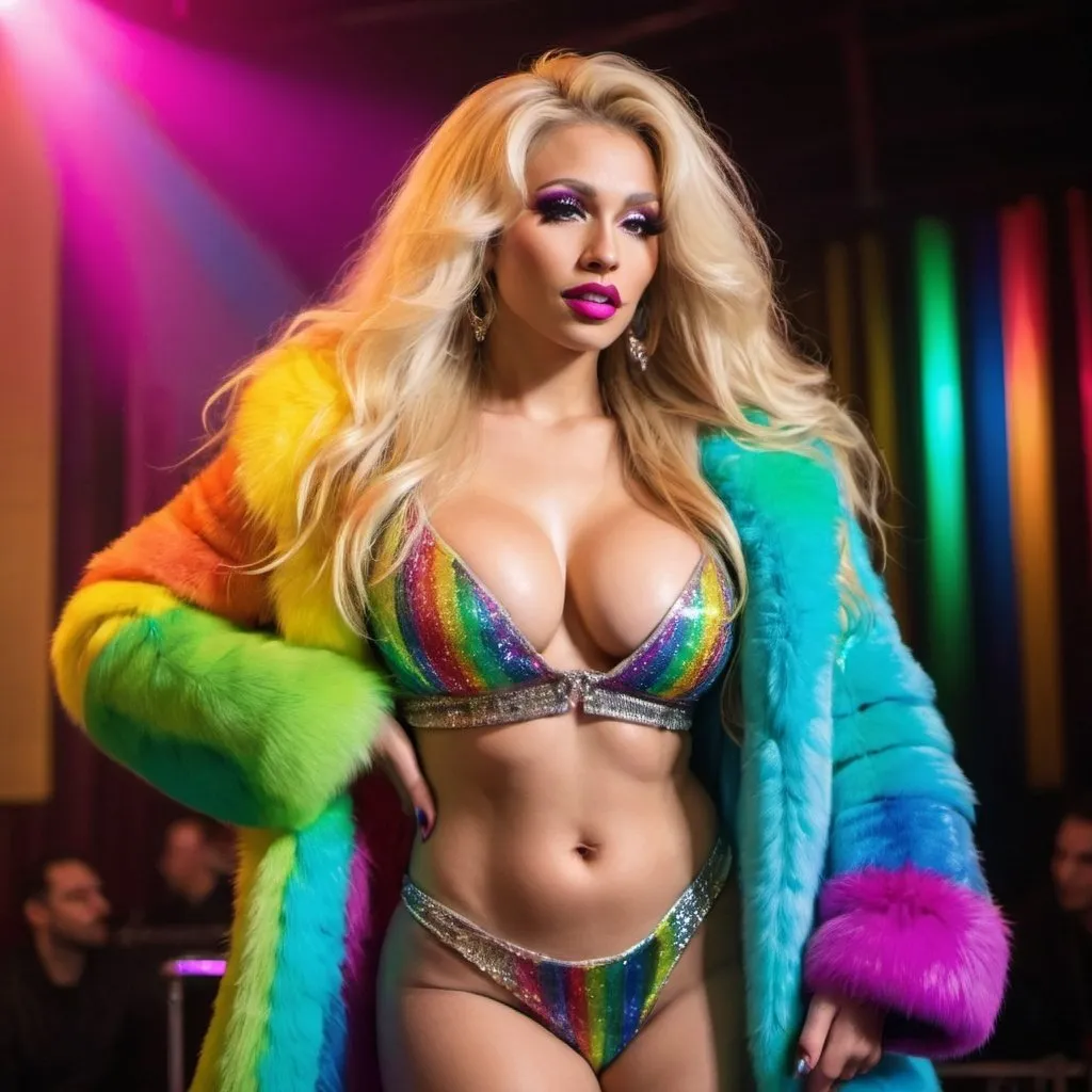 Prompt: Blonde neon rainbow long hair revealing extra large cleavage full lips shiney loud makeup fur coat onstage exotic dancer 