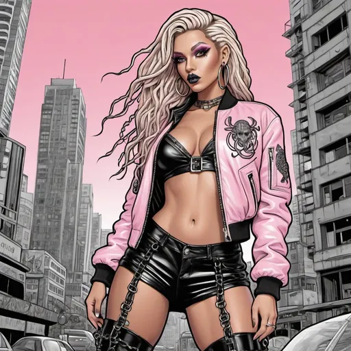 Prompt: Coloring page I'm exotic chrome blondish very long microbraided hair revealing extra large cleavage small waist big rear end and  tattoos and piercings thigh high boots cyber punk light pink black leather lace  graffiti art printed  medusa bomber jacket 