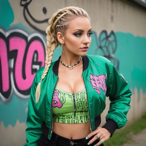 Prompt: Blonde microbraided hair revealing cleavage wearing a graffitti printed crop top  and sedusa bomber jacket green backround - sedusa adornment