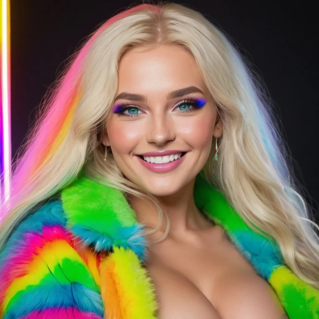 Prompt: Blonde neon rainbow long hair revealing extra large cleavage full lips shiney loud makeup fur coat and smiling green blue eyes