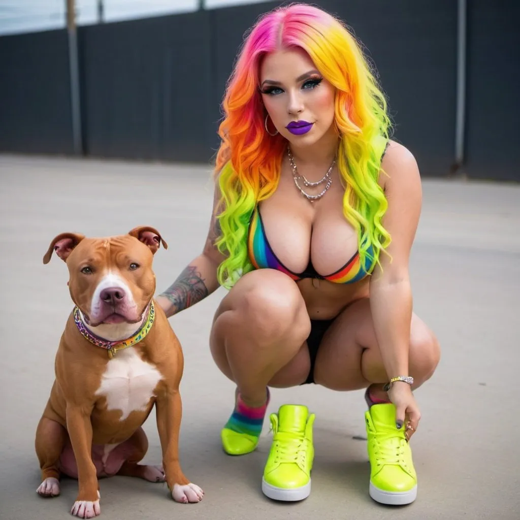 Prompt: Blonde neon rainbow hair revealing extra large cleavage full lips shiney loud makeup matching shoes and walking with her pitbull