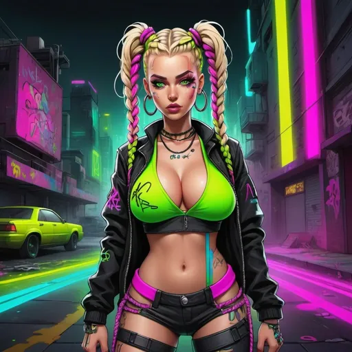 Prompt: Cartoon Graffiti cyberpunk characture full body with green eyes blonde revelealing extra large cleavage wearing a matching 2 piece outfit with rainbow neon microbraided hair grafitti neon pink neon yellow black neon rainbow