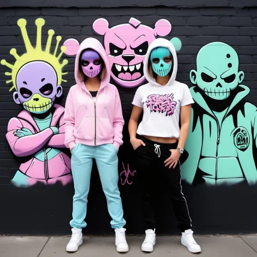 Prompt: Pastel purple white and pastel green pastel pink pastel blue pastel yellow graffiti female graffiti charachters on a black wall backround freddy crugar and jason muscular gangsters pastel colored 