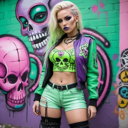 Prompt:  blonde microbraided long multicolored pastel hair revealing abnormally full large cleavage thigh high boots cyber punk 2 piece purple and green graffit art printed leather outfit backround- sedusa adornment candy skull medusa graffiti cartoon leather graffiti bomber jacket
