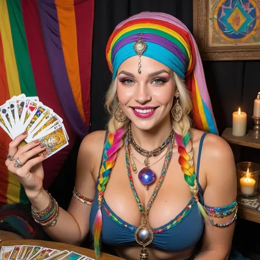 Prompt: Blonde rainbow microbraided hair  blonde rainbow microbraided hair revealing extra large cleavage full lips gypsy with bandana on her head and wearing alot of jewlery doing tarot cards and crystal ball smiling