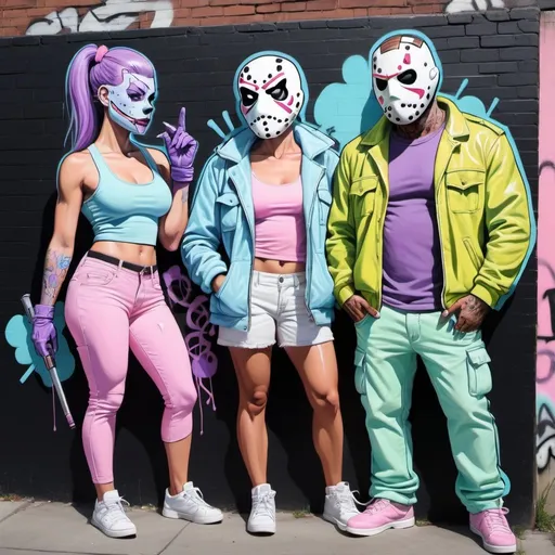 Prompt: Graffiti art Pastel purple white and pastel green pastel pink pastel blue pastel yellow graffiti female art charachters on a black wall backround freddy crugar and jason muscular gangsters pastel colored 