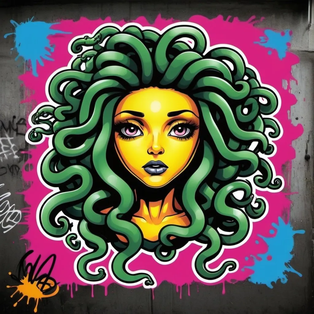 Prompt: graffit art printed backround medusa cartoon print