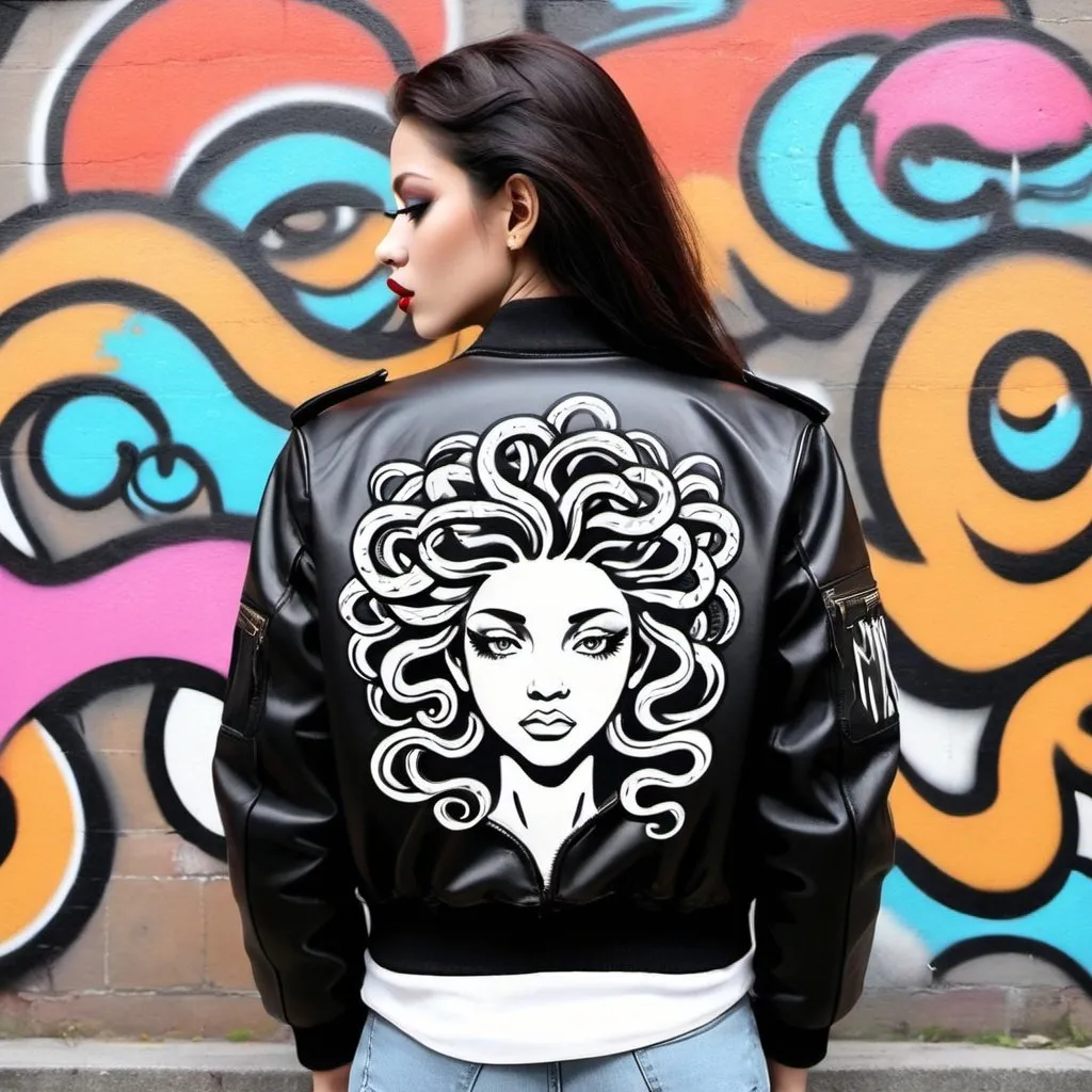 Prompt: graffit art printed backround- sedusa adornment medusa graffiti cartoon leather bomber jacket