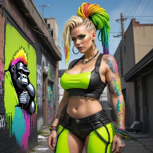 Prompt: Graffiti cyberpunk characture full body with green eyes blonde microbraided rainbow updo revelealing extra large cleavage wearing a matching 2 piece outfit with a gorilla  who has a neon yellow mohawk