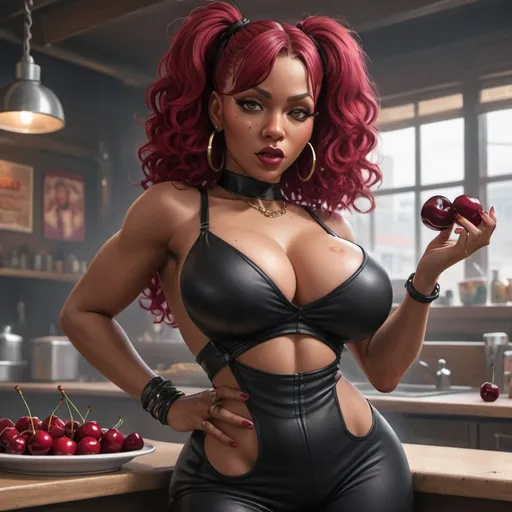 Prompt: Human annie hip-hop character female with extra large revealing cleavage and holy freyed black tight outfit eand eating a large cherry