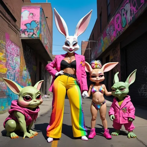 Prompt: Roger rabbit animated cyberpunk characture full body with green eyes blonde microbraided rainbow updo revelealing extra large cleavage wearing a matching 2 piece outfit matching with 2 graffiti high heels  with rainbow grafitti neon pink yellow black neon rainbow holding a baby yoda also roger rabbit 